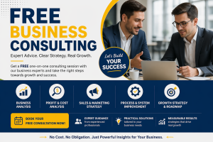 Free business consulting promotional banner showing two professionals discussing strategy with text highlighting free consultation, business analysis, and growth services.
