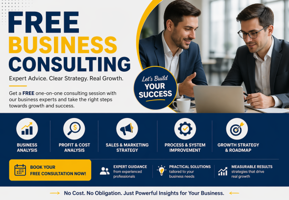 Free business consulting promotional banner showing two professionals discussing strategy with text highlighting free consultation, business analysis, and growth services.
