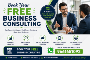 Business consulting promotional banner with call-to-action “Book Your Free Business Consulting” and WhatsApp contact number 9661651092, highlighting growth strategy and expert guidance.