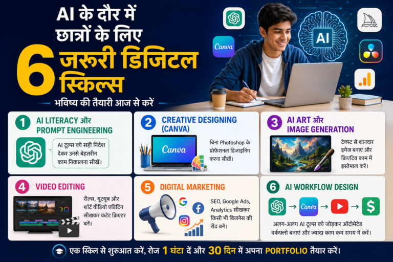 AI के दौर में छात्रों के लिए 6 जरूरी डिजिटल स्किल्स – AI Literacy, Canva, AI Art, Video Editing, Digital Marketing और AI Workflow सीखता हुआ छात्र।