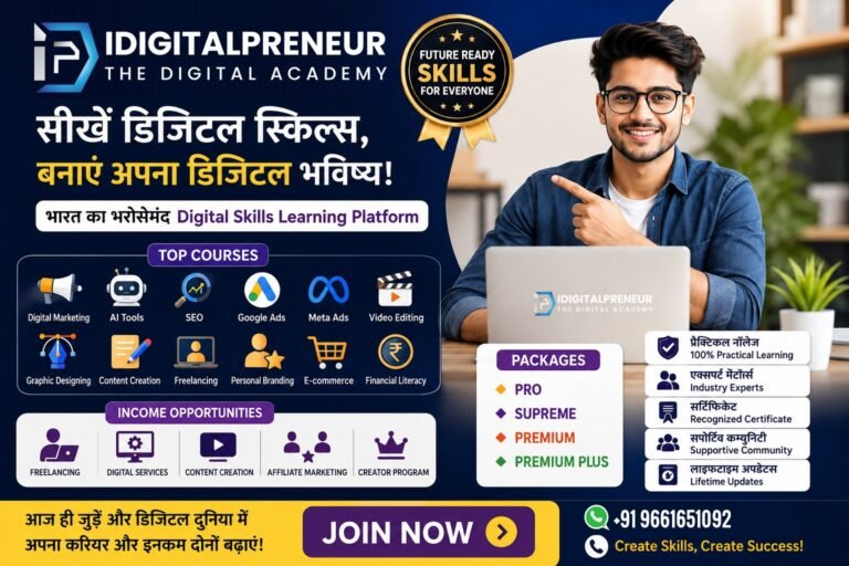 iDigitalPreneur Digital Skills Learning Platform showcasing AI Tools, Digital Marketing, SEO, Google Ads, Graphic Designing, Freelancing, Personal Branding and Online Income Courses in India.