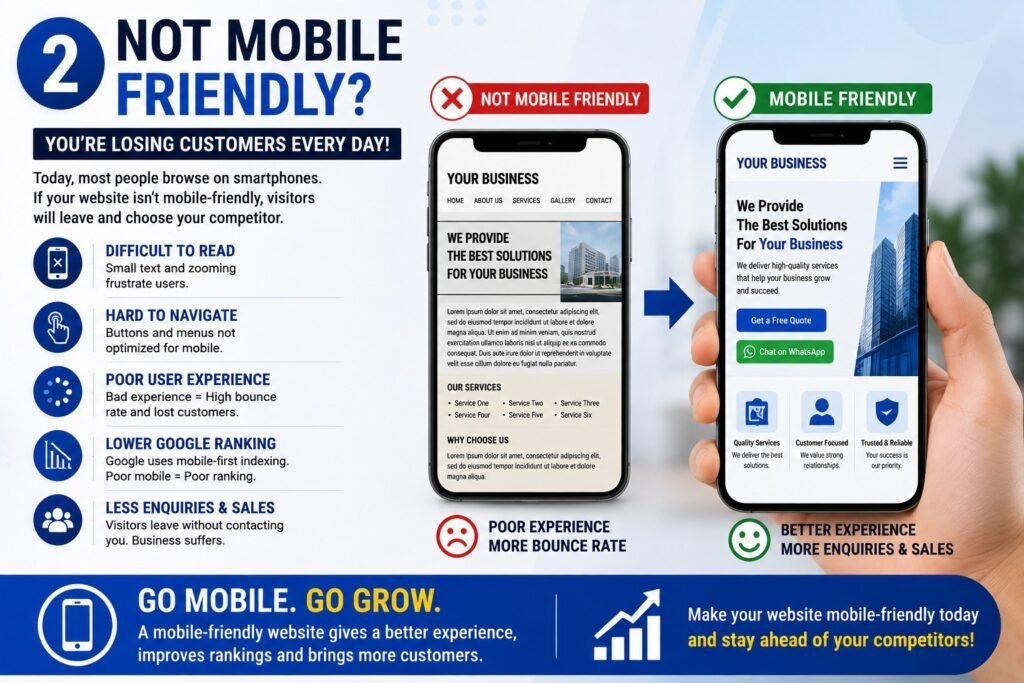 Not Mobile Friendly Website vs Mobile Friendly Website comparison showing how responsive web design improves user experience, SEO rankings, and customer enquiries for local businesses.