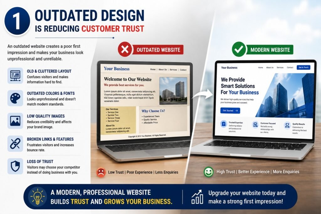 Outdated website design vs modern website design comparison showing how a professional website builds customer trust, improves user experience, and generates more business enquiries.