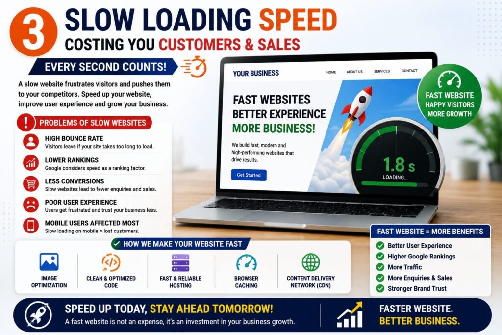 Slow loading website speed infographic showing how a slow website increases bounce rate, reduces Google rankings, and causes businesses to lose customers and sales.