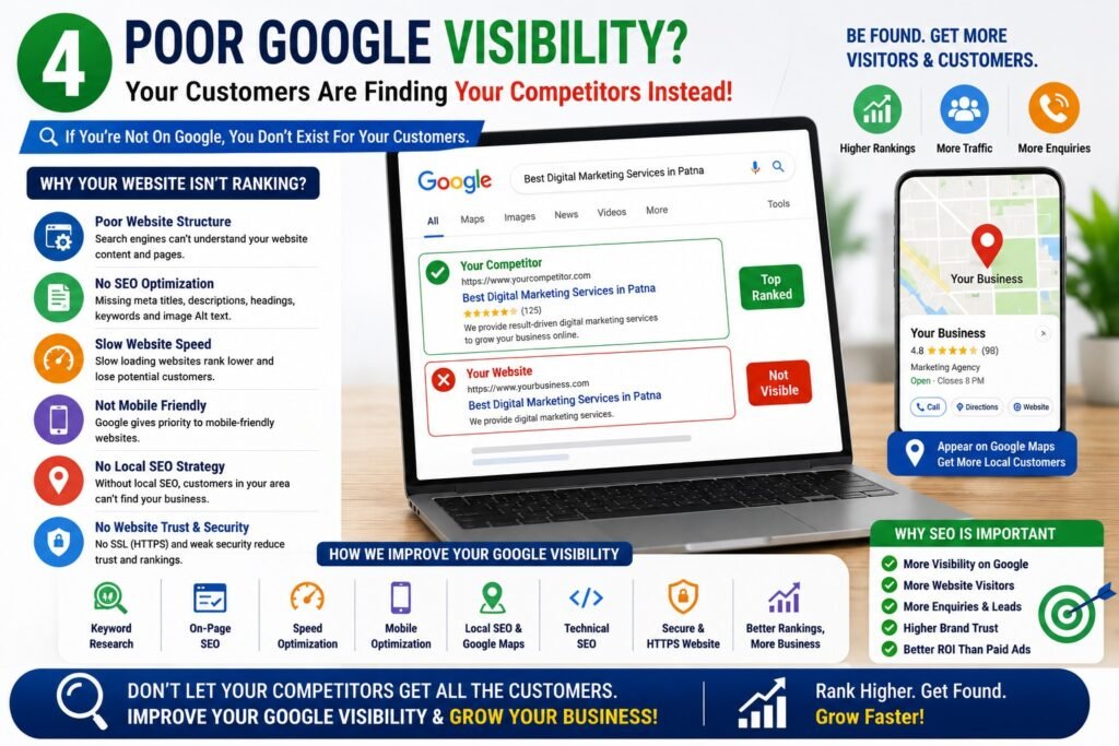 Poor Google Visibility infographic showing why local business websites fail to rank on Google Search and how SEO improves website traffic, rankings, and customer enquiries.