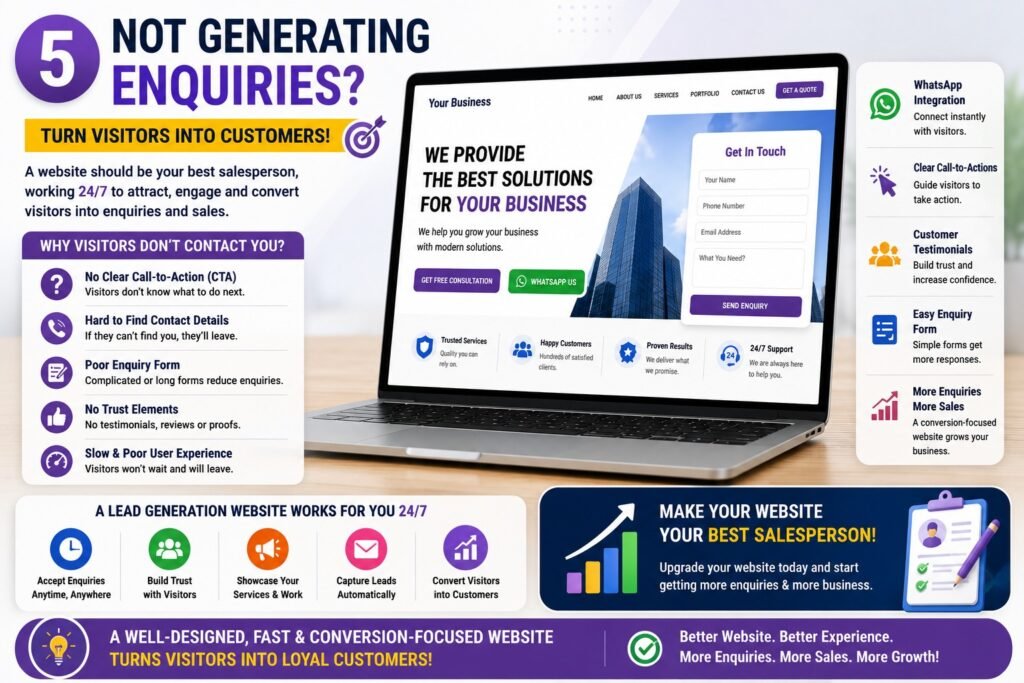 Lead generation website infographic with WhatsApp integration, contact forms, call-to-action buttons, and customer enquiry optimization.