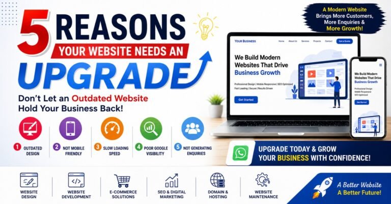 5 Reasons Your Website Needs an Upgrade – Modern website redesign with mobile-friendly design, fast loading speed, SEO optimization, Google visibility, and lead generation for local businesses.